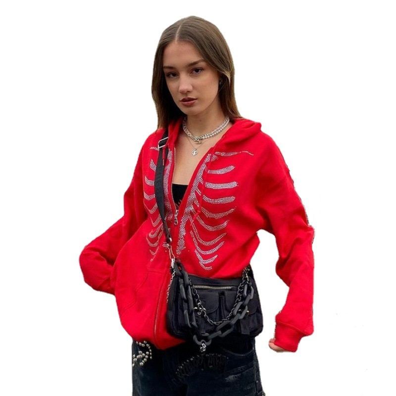 Skeleton Hoodies Women Gothic Black Zip Up Oversized Sweatshirts Female Retro Harajuku Hooded Jacket Streetwear