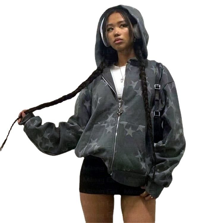vintage Fashion star graphic fairy grunge Men Women Long-sleeved Zip Hoodie Jacket OverSize Streetwear Y2K clothes emo Pullover