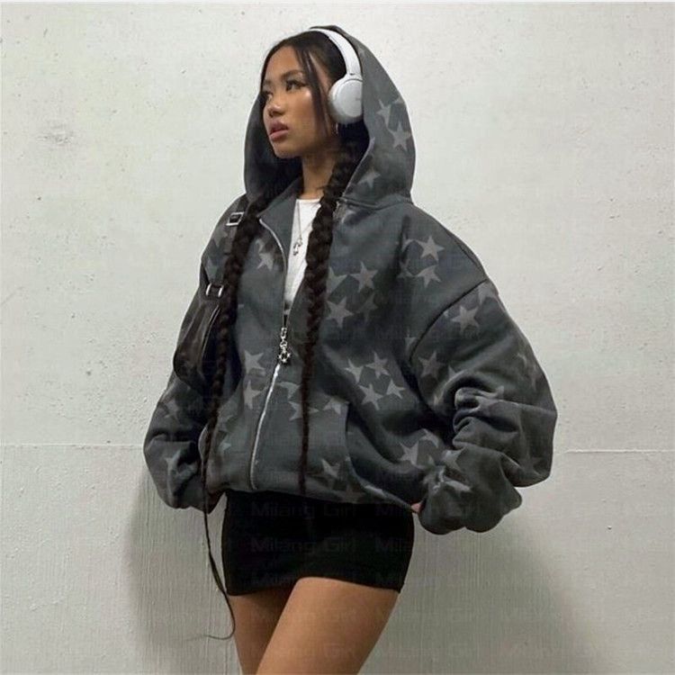 vintage Fashion star graphic fairy grunge Men Women Long-sleeved Zip Hoodie Jacket OverSize Streetwear Y2K clothes emo Pullover