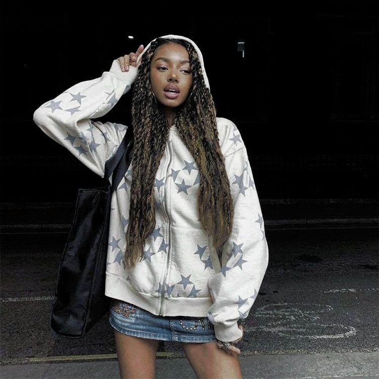 vintage Fashion star graphic fairy grunge Men Women Long-sleeved Zip Hoodie Jacket OverSize Streetwear Y2K clothes emo Pullover