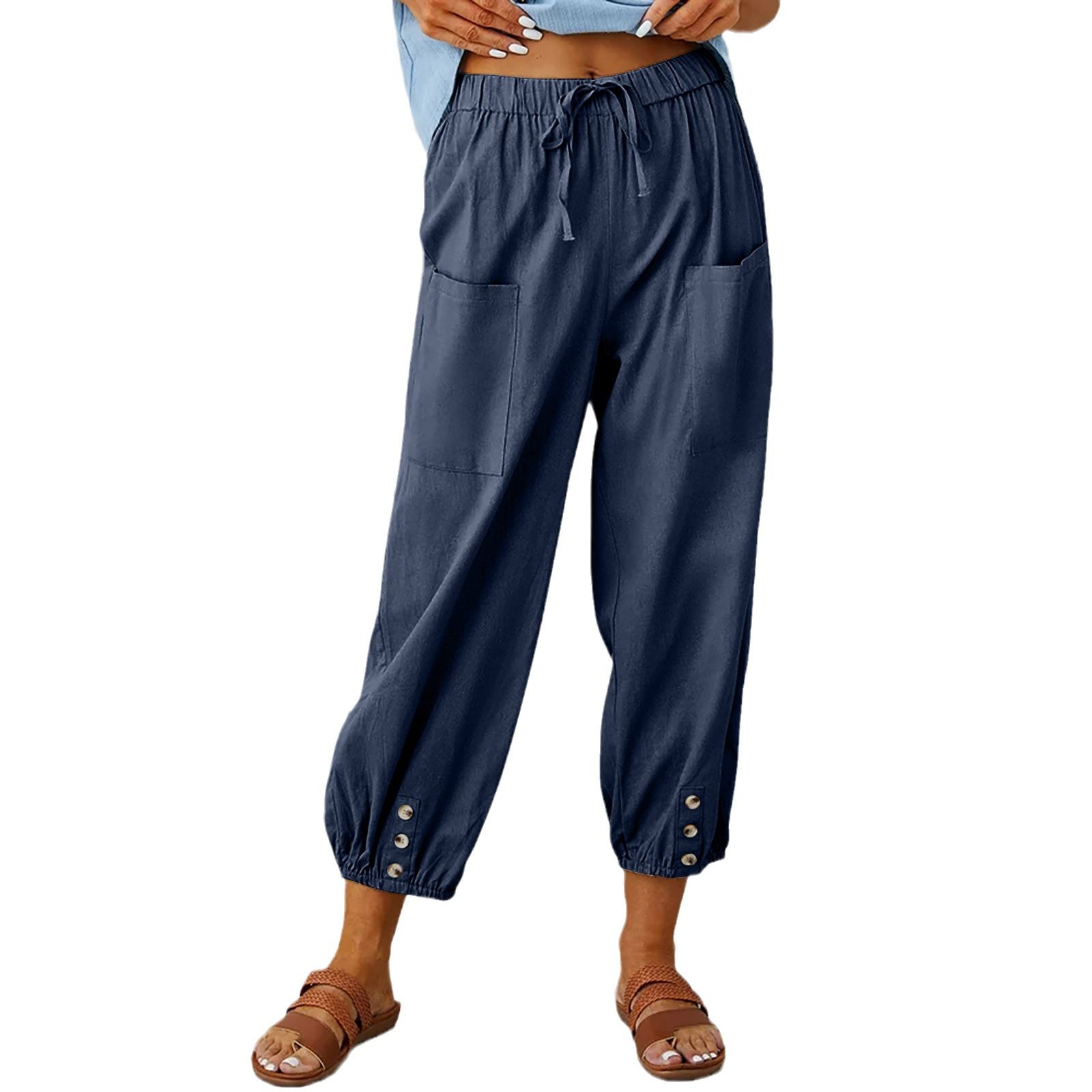 Women Cotton Linen Pants Autumn Solid Color Elastic Waist Loose Straight Trousers Female Harajuku High Waist Wide Leg Pants