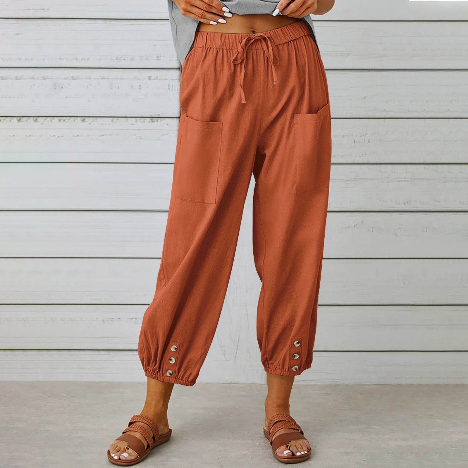 Women Cotton Linen Pants Autumn Solid Color Elastic Waist Loose Straight Trousers Female Harajuku High Waist Wide Leg Pants