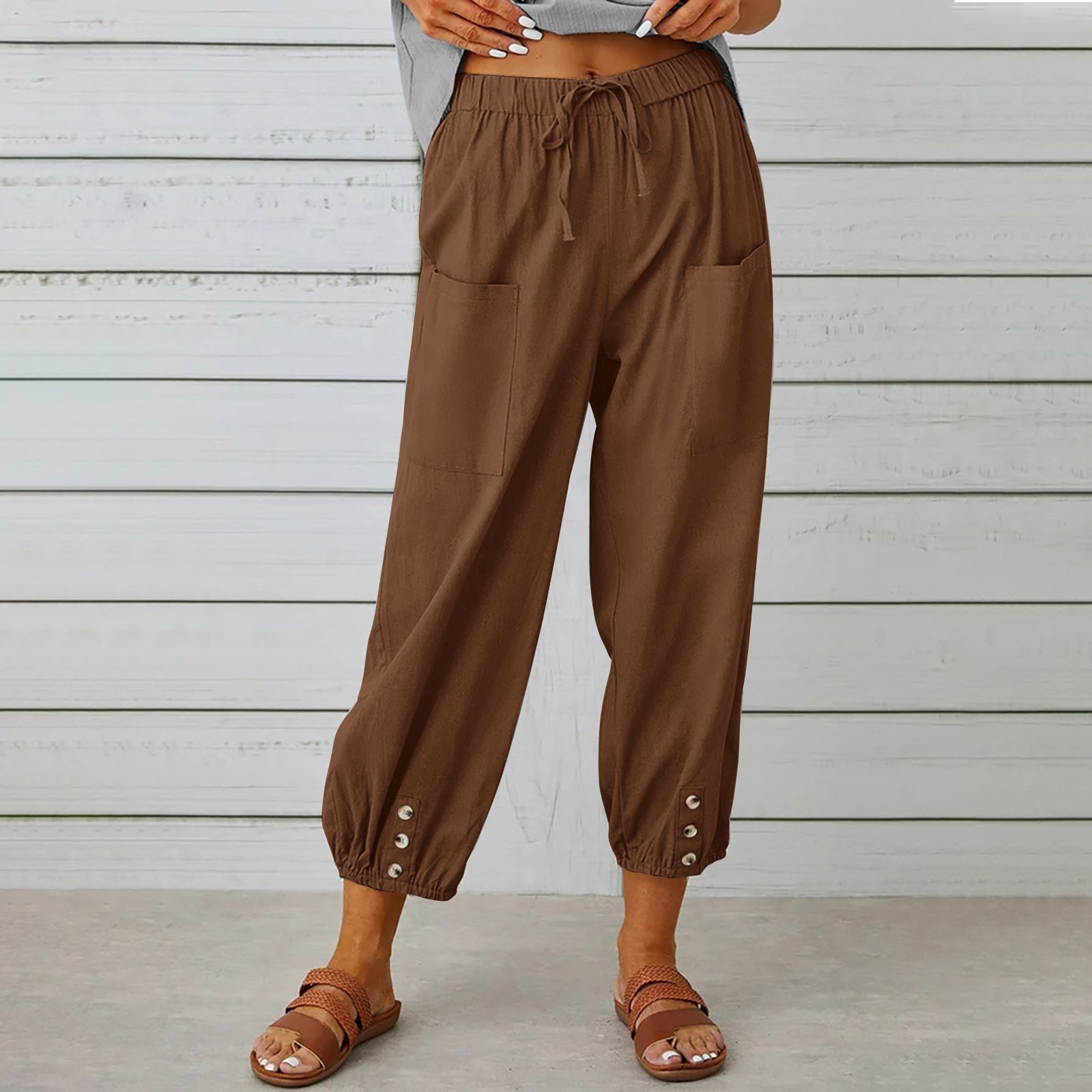 Women Cotton Linen Pants Autumn Solid Color Elastic Waist Loose Straight Trousers Female Harajuku High Waist Wide Leg Pants