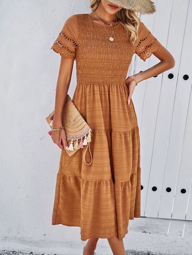 Dress Loose Fit Dress Elegant Hollow Out Midi Dress with Pleated Patchwork Elastic Bust Women's Summer A-line for Dating