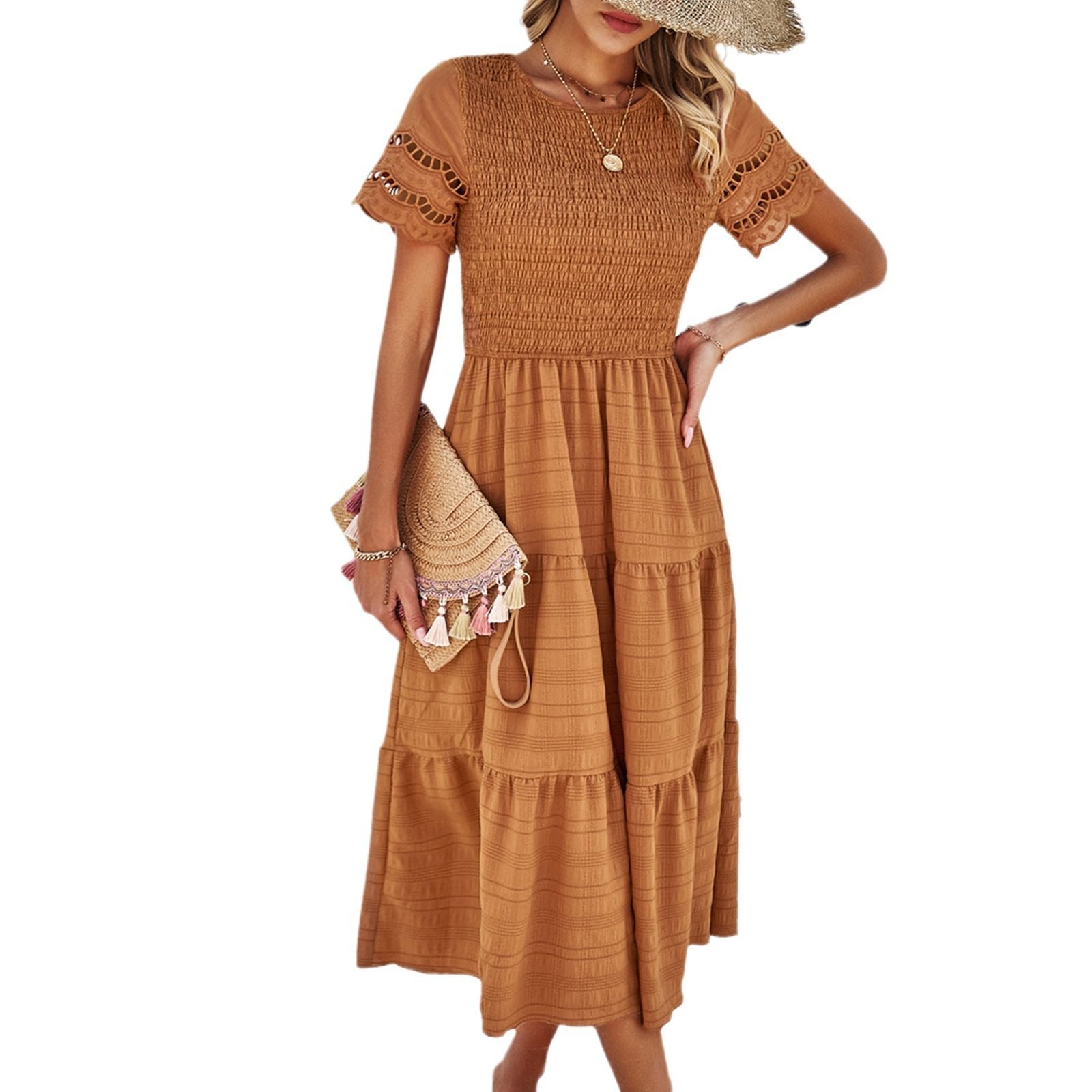 Dress Loose Fit Dress Elegant Hollow Out Midi Dress with Pleated Patchwork Elastic Bust Women's Summer A-line for Dating
