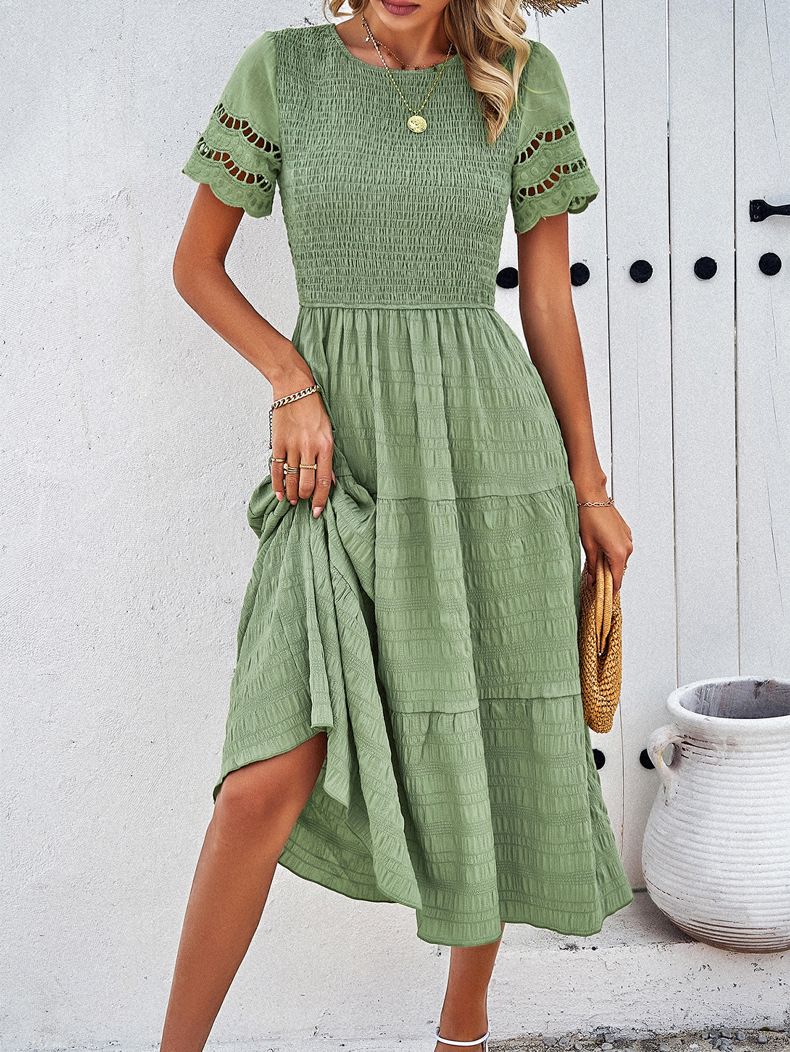 Dress Loose Fit Dress Elegant Hollow Out Midi Dress with Pleated Patchwork Elastic Bust Women's Summer A-line for Dating