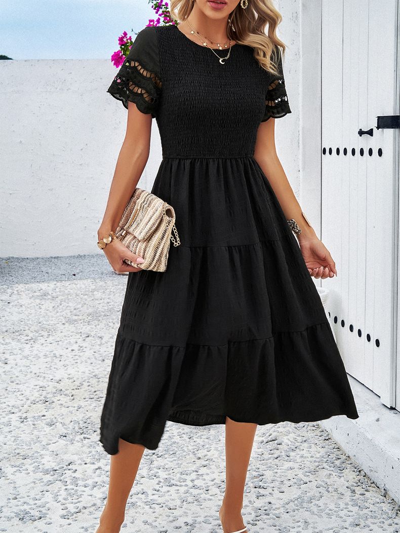 Dress Loose Fit Dress Elegant Hollow Out Midi Dress with Pleated Patchwork Elastic Bust Women's Summer A-line for Dating