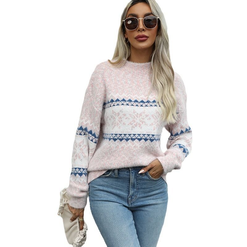 Winter Clothes Women New Year Sweater Snowflake Vintage Loose Jumper Red Long Sleeve Knitted Pullover Holiday Tops