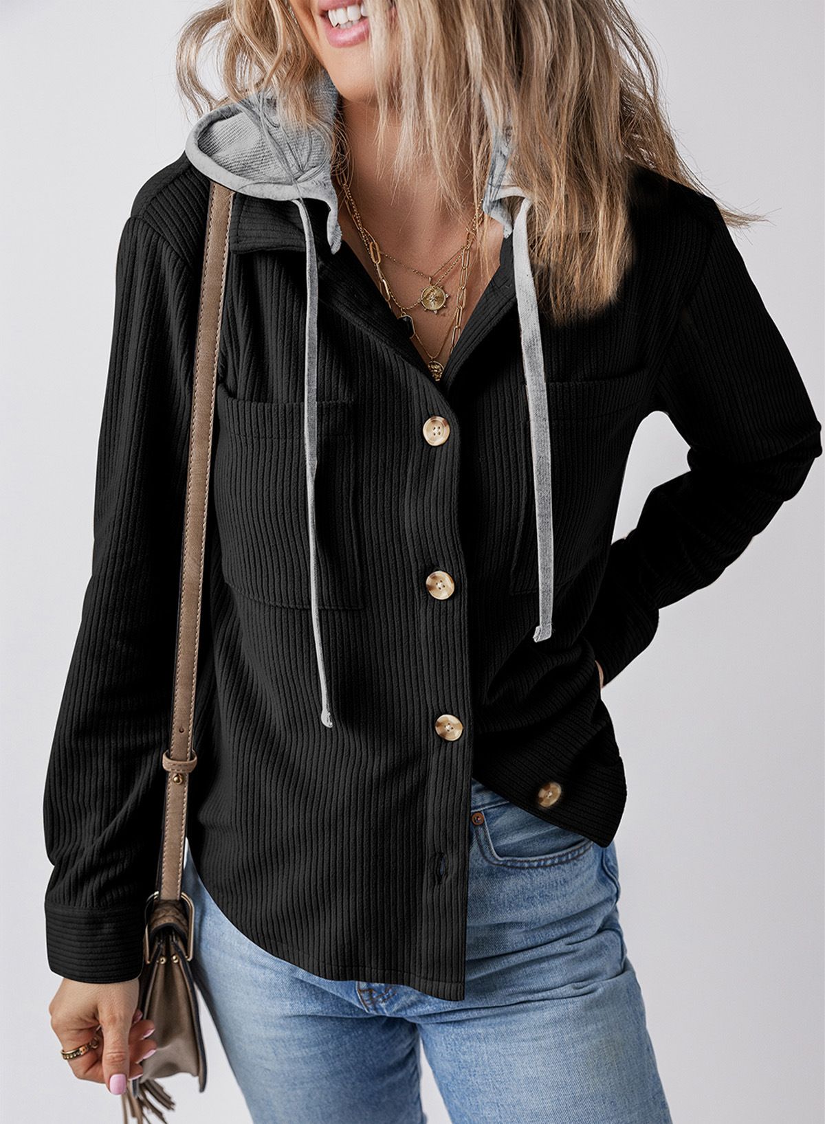 Women Long Sleeve Jacket Trendy Hooded Drawstring Button Down Shirts Casual Pockets Lapel cardigan striped coat for women