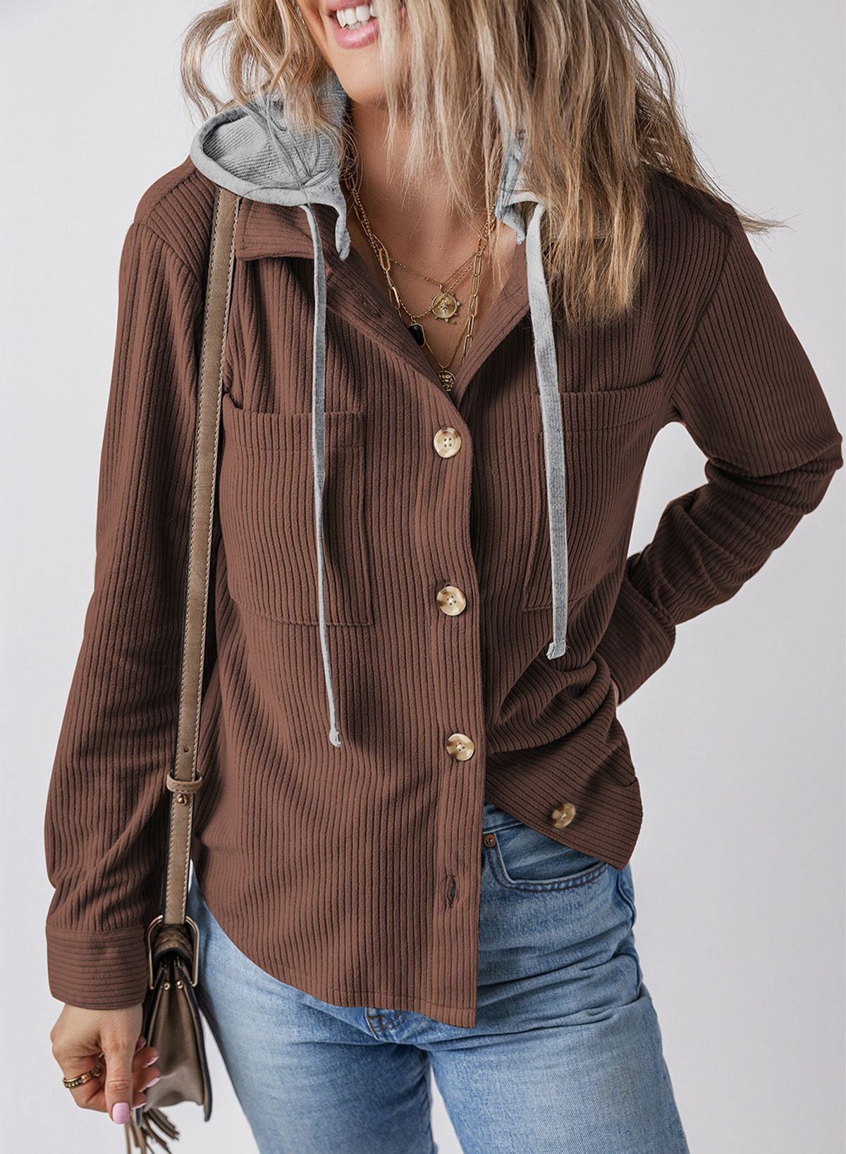 Women Long Sleeve Jacket Trendy Hooded Drawstring Button Down Shirts Casual Pockets Lapel cardigan striped coat for women