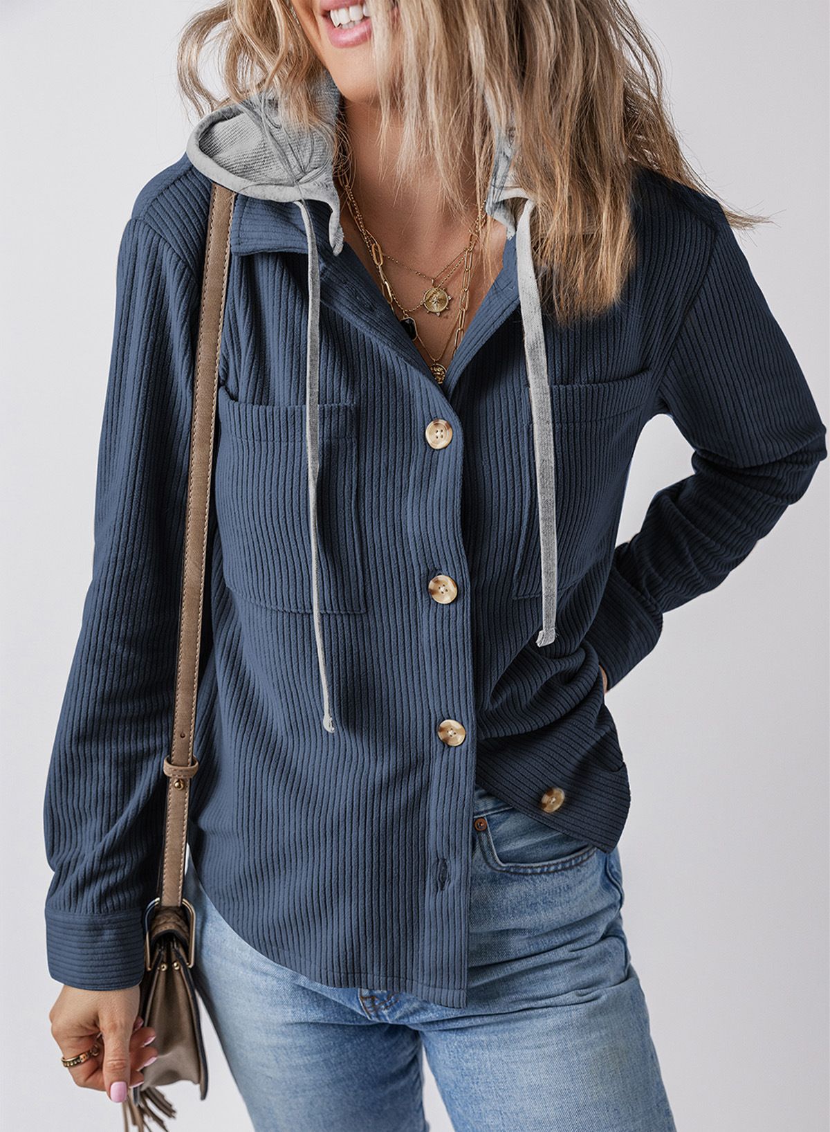 Women Long Sleeve Jacket Trendy Hooded Drawstring Button Down Shirts Casual Pockets Lapel cardigan striped coat for women