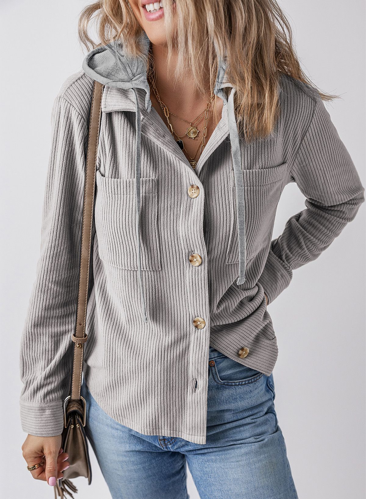 Women Long Sleeve Jacket Trendy Hooded Drawstring Button Down Shirts Casual Pockets Lapel cardigan striped coat for women