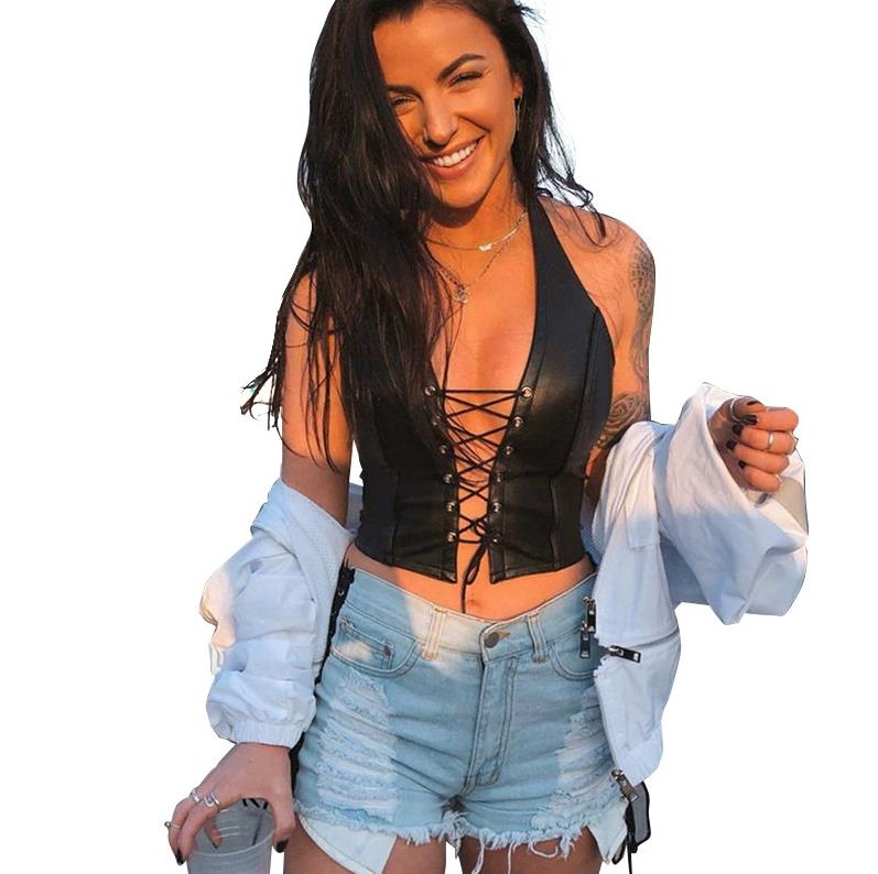 Sexy Punk Y2K Black PU Leather Crop Top Womens Sleeveless Deep V Neck Backless Camisole Fashion Party Club Vests Tanks