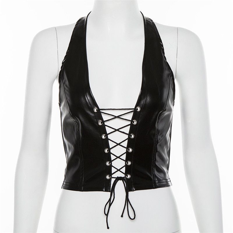 Sexy Punk Y2K Black PU Leather Crop Top Womens Sleeveless Deep V Neck Backless Camisole Fashion Party Club Vests Tanks