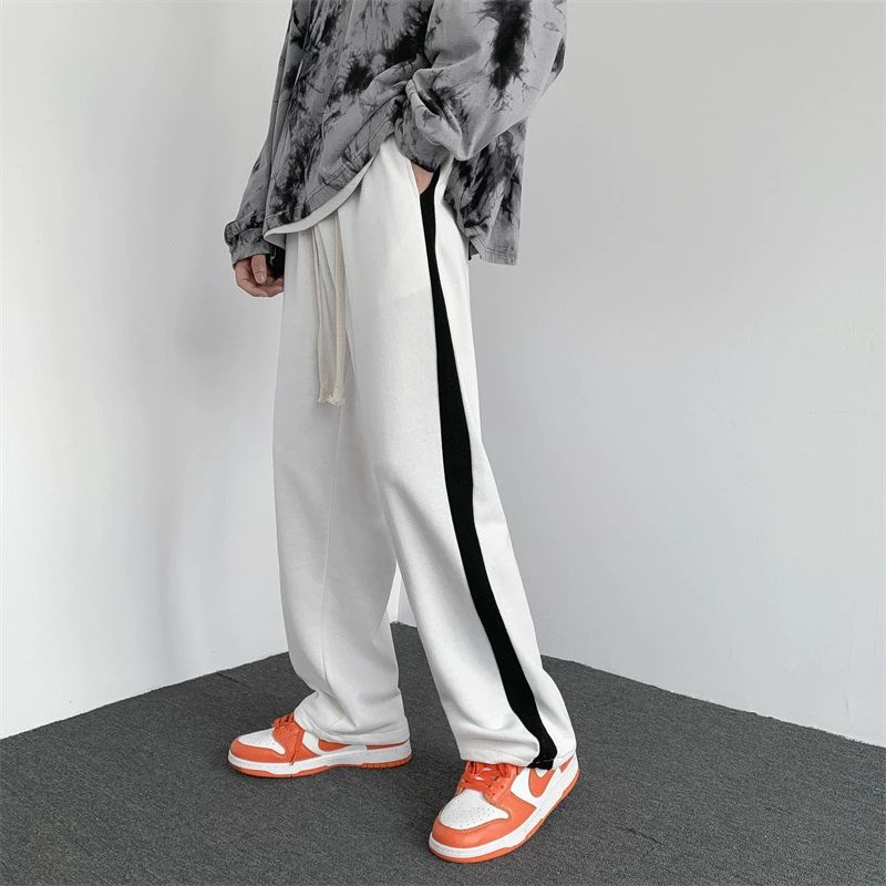 Men Sports Color-blocked Striped Casual Style Trendy Youth Straight Trousers Loose Wide-leg Pants