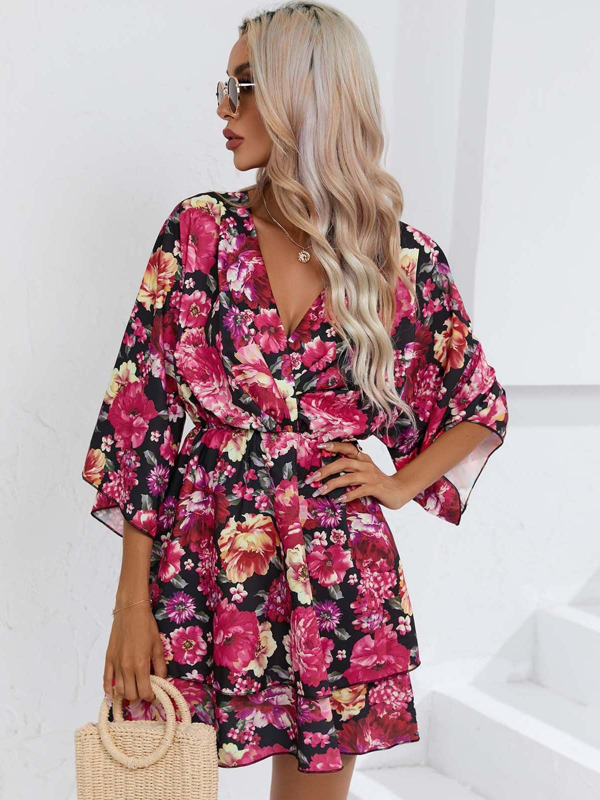 Ladies Dress Superior Quality Summer Thin Waist Deep V Neck Flare Sleeve Chiffon Dresses Vestidos Dropshipping