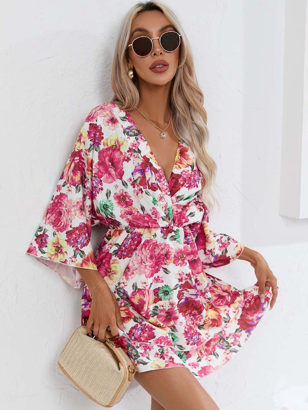 Ladies Dress Superior Quality Summer Thin Waist Deep V Neck Flare Sleeve Chiffon Dresses Vestidos Dropshipping