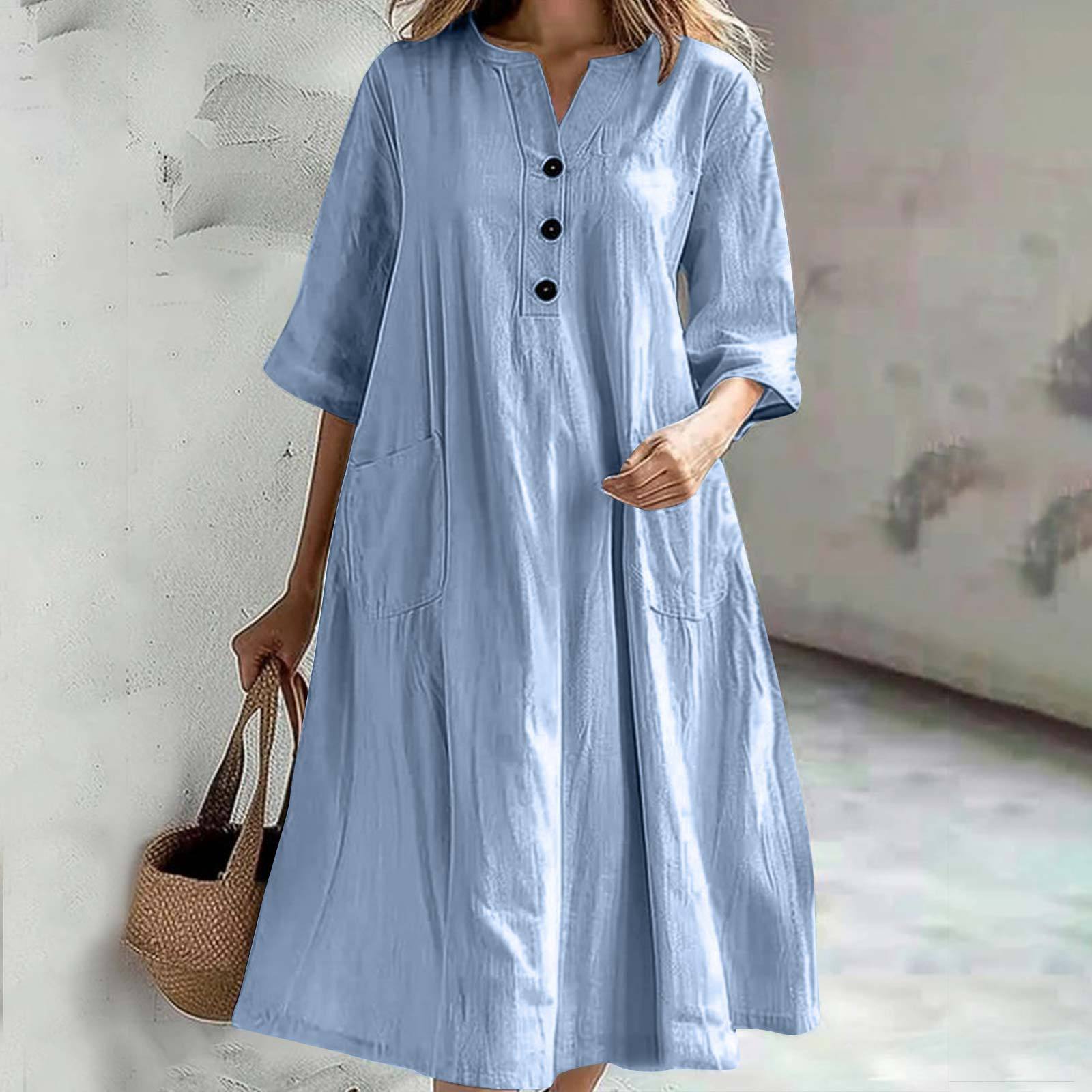 Women'S Fashion Casual Soild Mid-Length V-Neck Half-Sleeved Cotton Linen Loose Vintage Straight Dress With Pockets Mini Dress