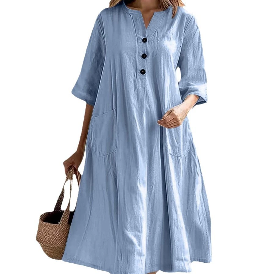 Women'S Fashion Casual Soild Mid-Length V-Neck Half-Sleeved Cotton Linen Loose Vintage Straight Dress With Pockets Mini Dress