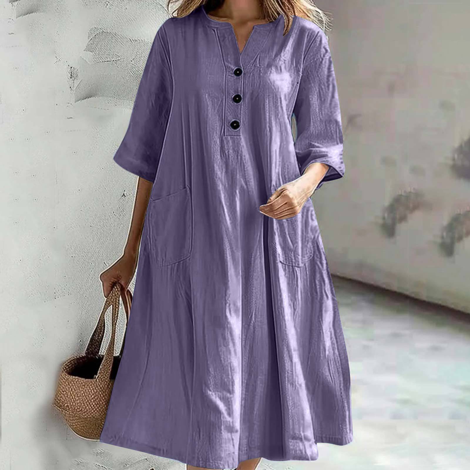 Women'S Fashion Casual Soild Mid-Length V-Neck Half-Sleeved Cotton Linen Loose Vintage Straight Dress With Pockets Mini Dress