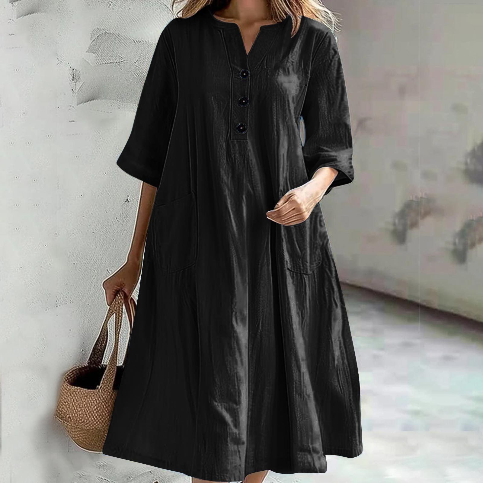 Women'S Fashion Casual Soild Mid-Length V-Neck Half-Sleeved Cotton Linen Loose Vintage Straight Dress With Pockets Mini Dress