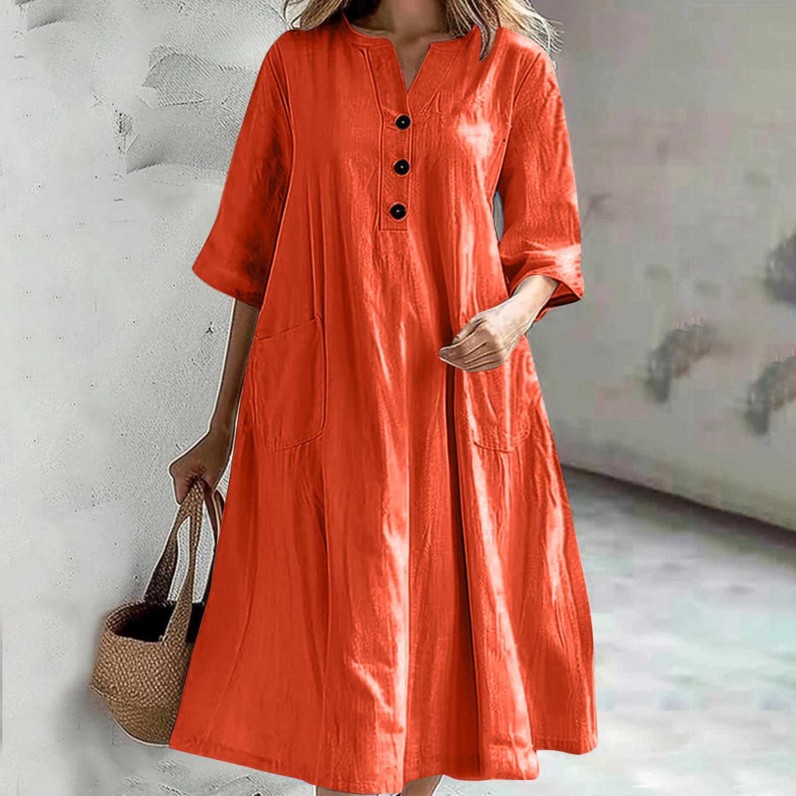 Women'S Fashion Casual Soild Mid-Length V-Neck Half-Sleeved Cotton Linen Loose Vintage Straight Dress With Pockets Mini Dress