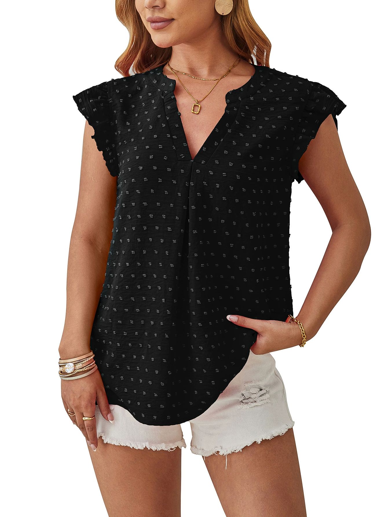 Rose V-Neck Sleeveless T-Shirt Women's Solid Polka Dot Vest Office Lady Summer Elegant Tank Tops