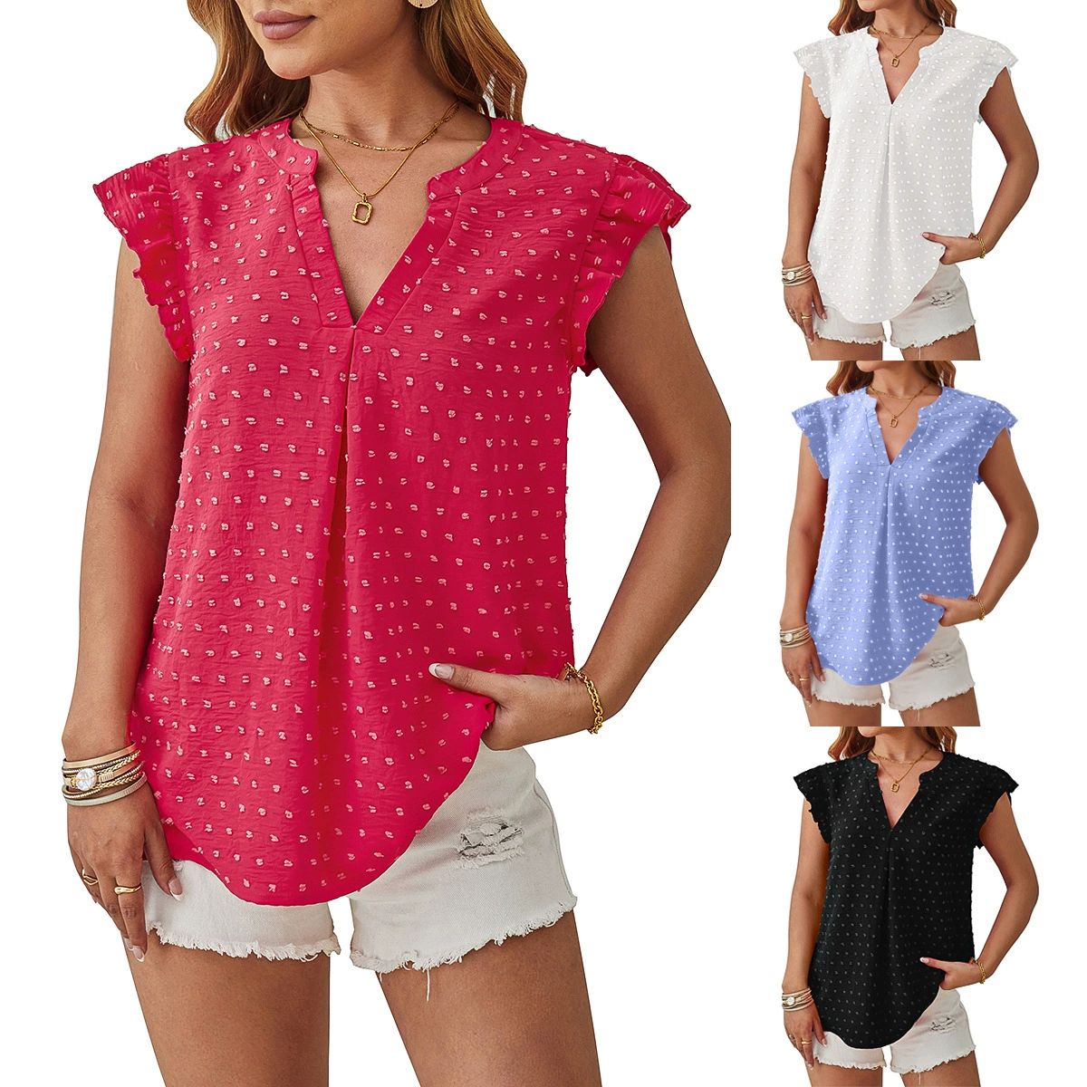Rose V-Neck Sleeveless T-Shirt Women's Solid Polka Dot Vest Office Lady Summer Elegant Tank Tops