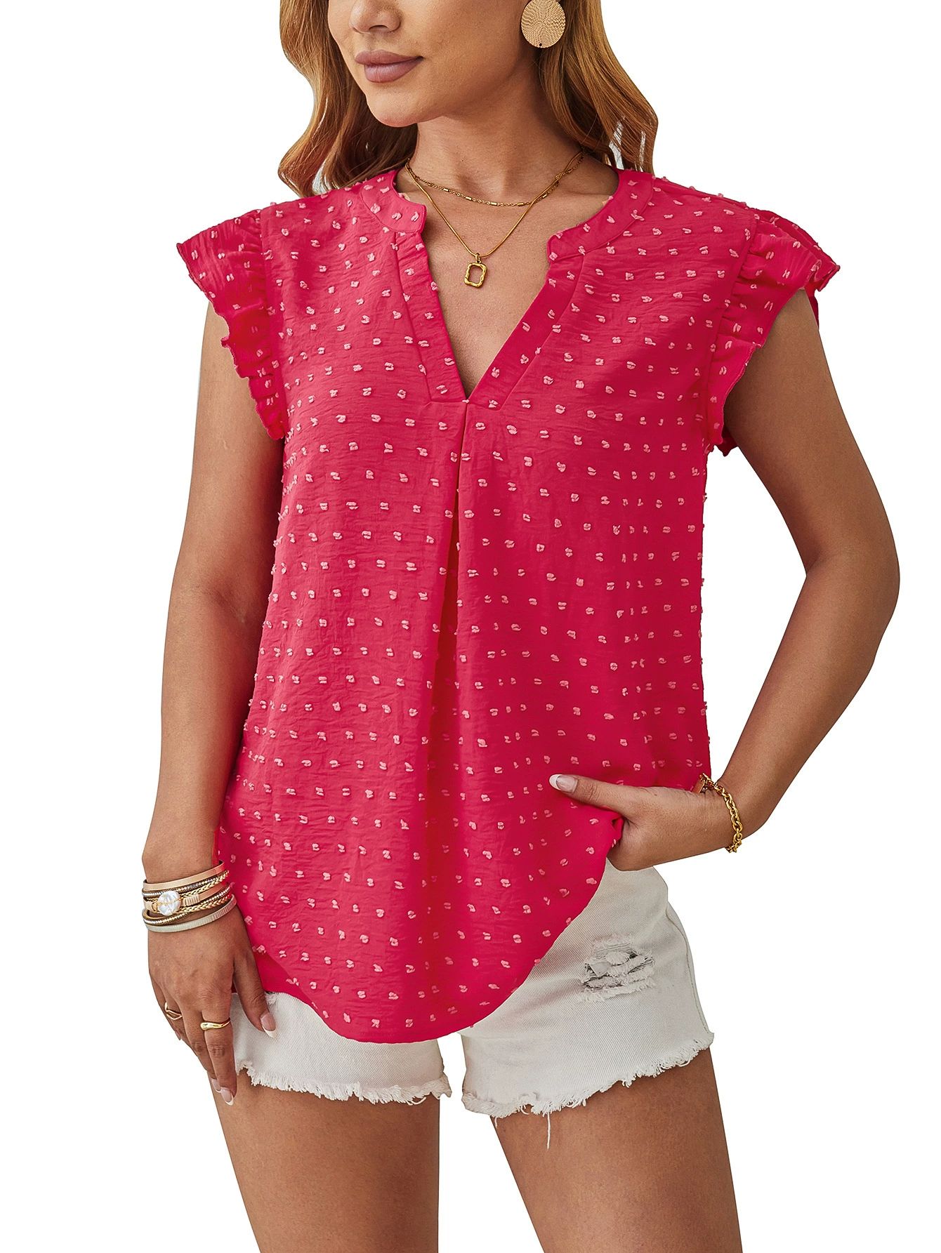 Rose V-Neck Sleeveless T-Shirt Women's Solid Polka Dot Vest Office Lady Summer Elegant Tank Tops
