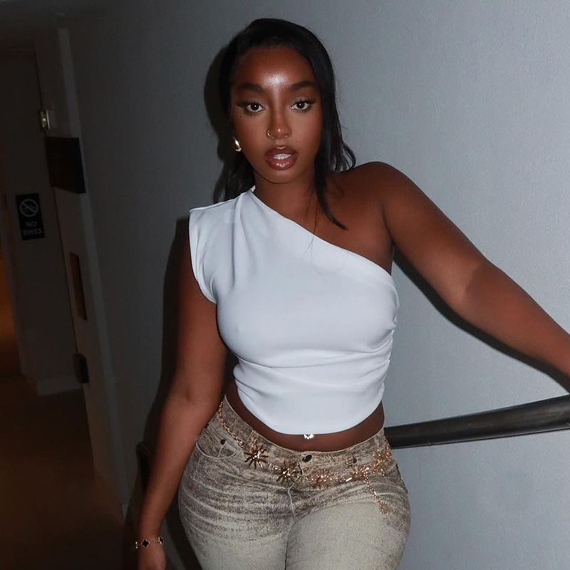 Simenual White Elegant Fashion Diagonal Collar Tights Tanks Tops Sexy One Shoulder Crop Top Women Cyber Slim Pleated Vest