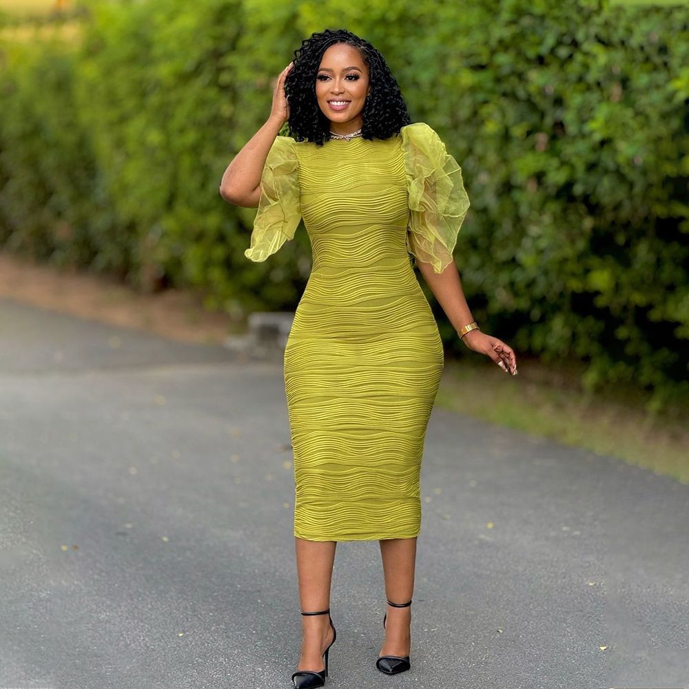 New Women O Neck Ruffle Sleeves Package Hips Bodycon Dress Fashion Office Lady Slim Pencil Evening Birthday Party Vestidos Gowns