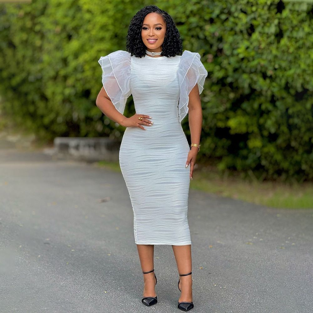 New Women O Neck Ruffle Sleeves Package Hips Bodycon Dress Fashion Office Lady Slim Pencil Evening Birthday Party Vestidos Gowns