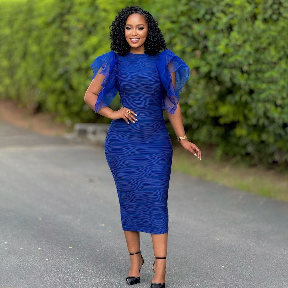 New Women O Neck Ruffle Sleeves Package Hips Bodycon Dress Fashion Office Lady Slim Pencil Evening Birthday Party Vestidos Gowns
