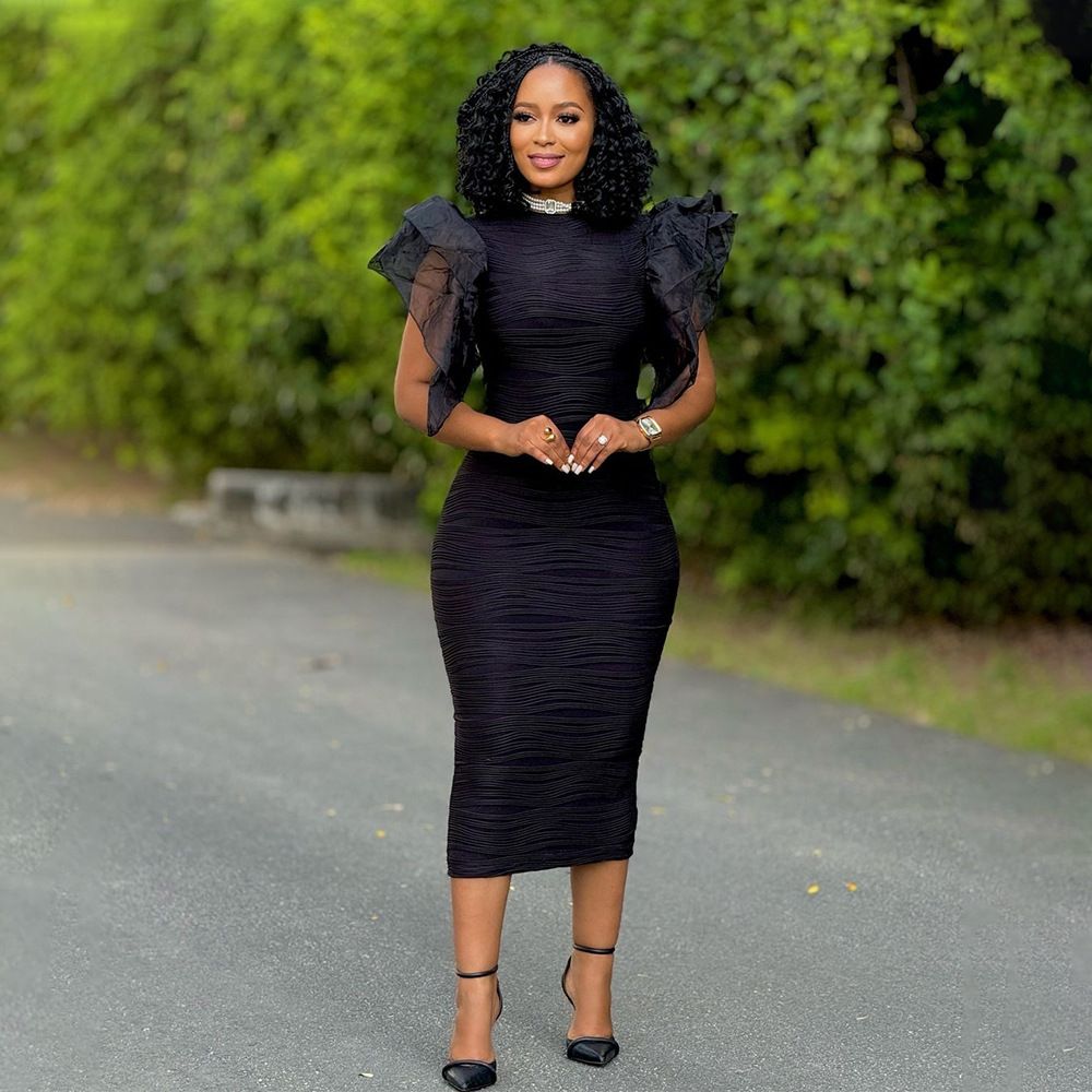 New Women O Neck Ruffle Sleeves Package Hips Bodycon Dress Fashion Office Lady Slim Pencil Evening Birthday Party Vestidos Gowns