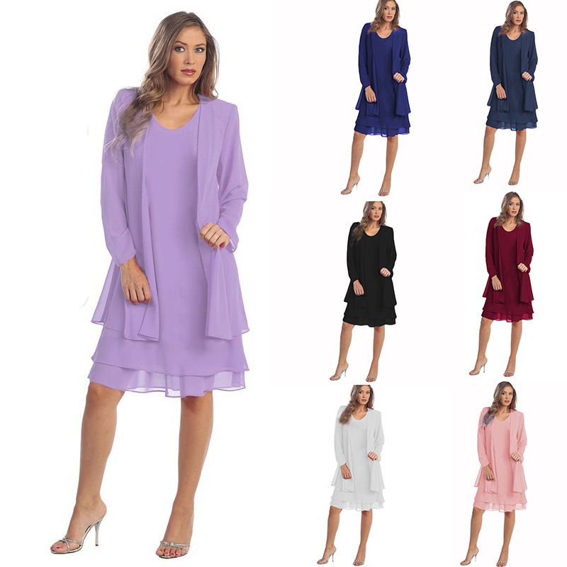 2 Pieces Chiffon Dress Set Women Casual Long Sleeve Solid Cardigan Dress Elegant Wedding Evening Party Dresses Clothing Vestidos