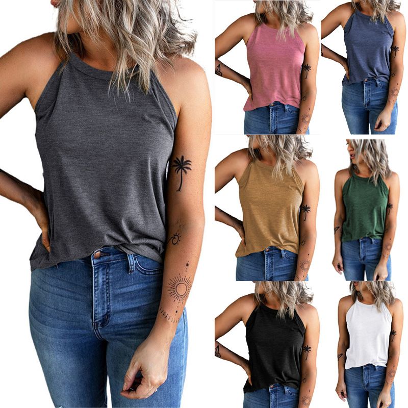 Women's Summer Sleeveless Halter Tee Shirts Crew Neck Workout Tank Tops Casual Plain Cami Shirts