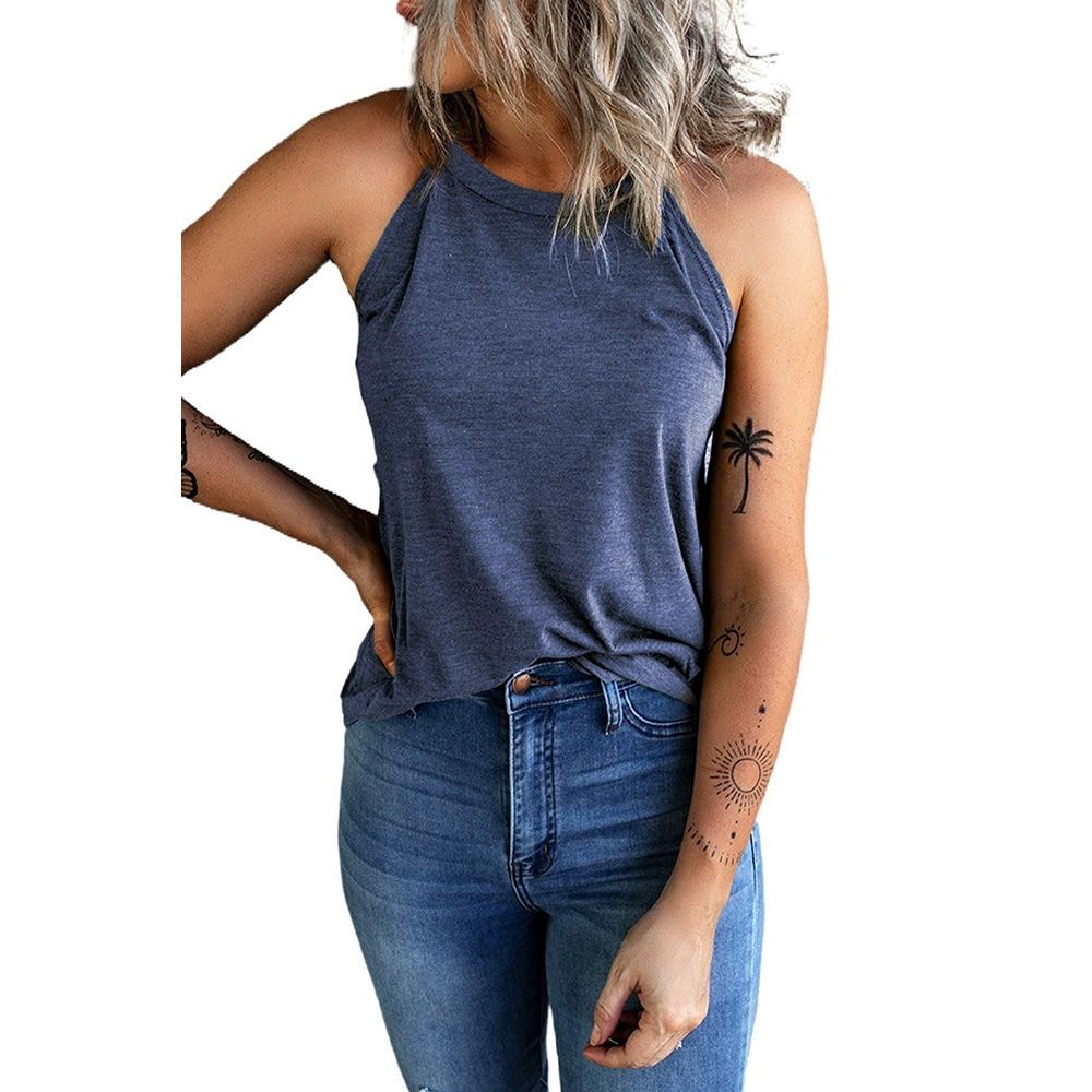 Women's Summer Sleeveless Halter Tee Shirts Crew Neck Workout Tank Tops Casual Plain Cami Shirts
