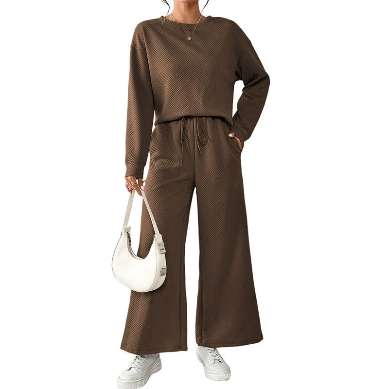 Round Neck Long-sleeve Suit Women Spring Outfit Women's Solid Color Sport Sweatshirt Wide Leg Trousers Set with for Fall