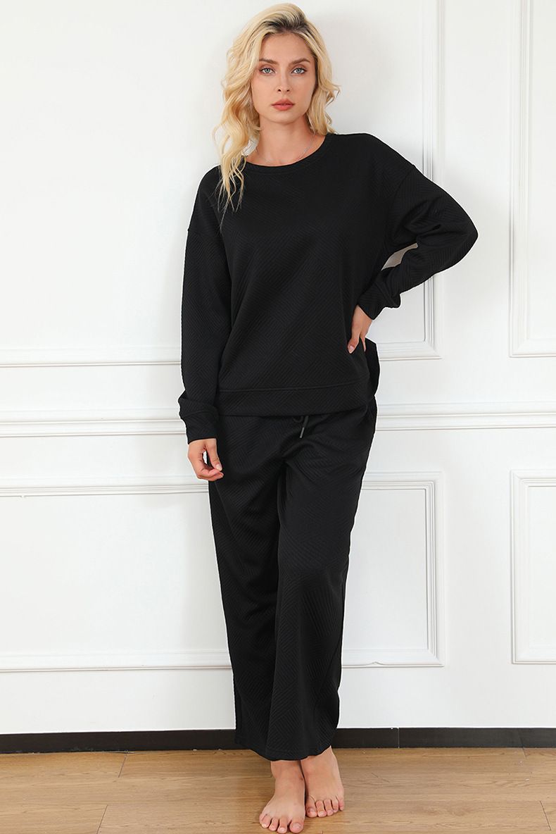 Round Neck Long-sleeve Suit Women Spring Outfit Women's Solid Color Sport Sweatshirt Wide Leg Trousers Set with for Fall