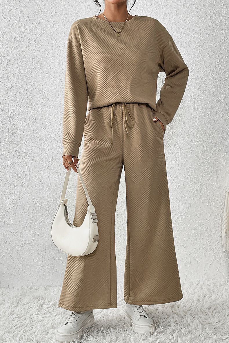 Round Neck Long-sleeve Suit Women Spring Outfit Women's Solid Color Sport Sweatshirt Wide Leg Trousers Set with for Fall