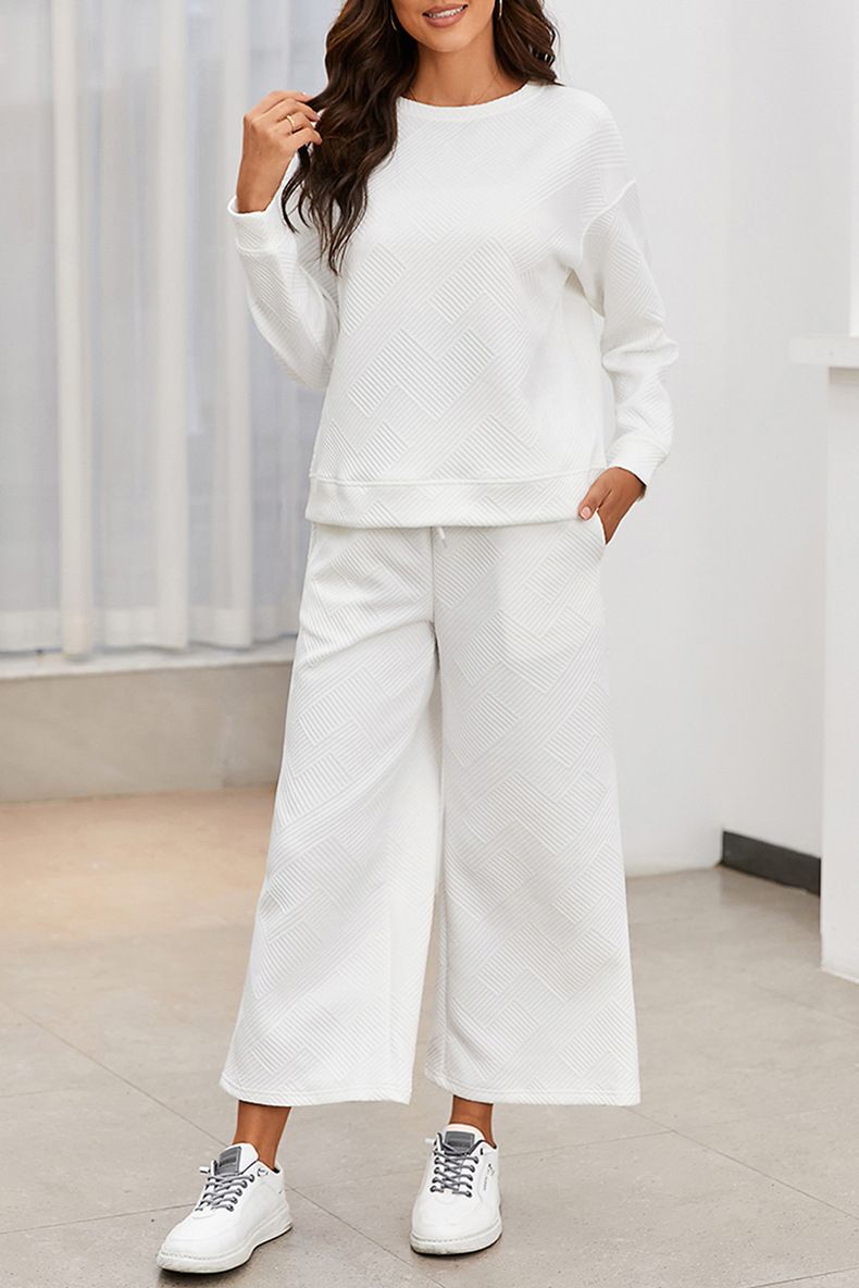 Round Neck Long-sleeve Suit Women Spring Outfit Women's Solid Color Sport Sweatshirt Wide Leg Trousers Set with for Fall