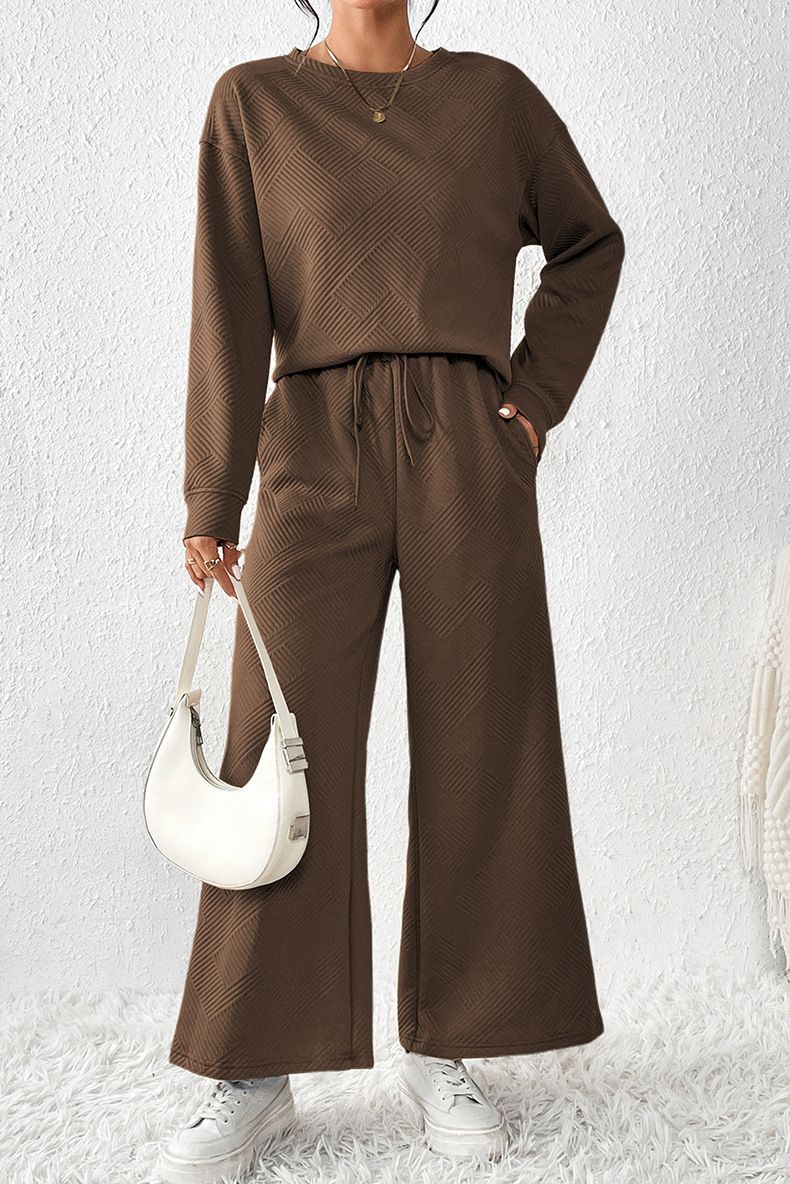 Round Neck Long-sleeve Suit Women Spring Outfit Women's Solid Color Sport Sweatshirt Wide Leg Trousers Set with for Fall
