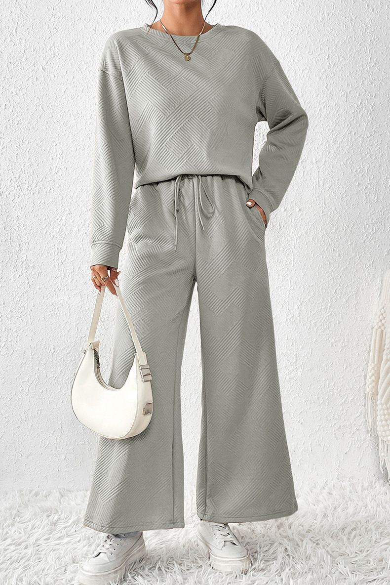 Round Neck Long-sleeve Suit Women Spring Outfit Women's Solid Color Sport Sweatshirt Wide Leg Trousers Set with for Fall