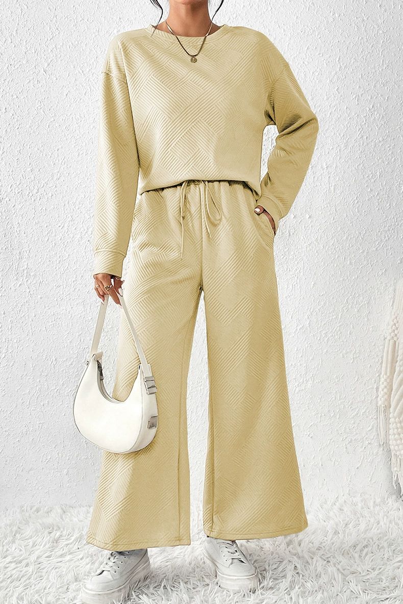Round Neck Long-sleeve Suit Women Spring Outfit Women's Solid Color Sport Sweatshirt Wide Leg Trousers Set with for Fall