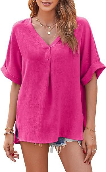 Women Spring Summer Style Blouses Shirts Lady Casual V-Collar Solid Color Loose Blouse Tops