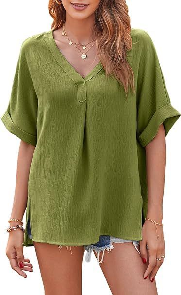 Women Spring Summer Style Blouses Shirts Lady Casual V-Collar Solid Color Loose Blouse Tops