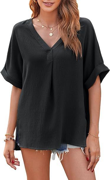 Women Spring Summer Style Blouses Shirts Lady Casual V-Collar Solid Color Loose Blouse Tops