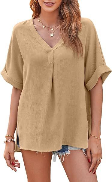Women Spring Summer Style Blouses Shirts Lady Casual V-Collar Solid Color Loose Blouse Tops