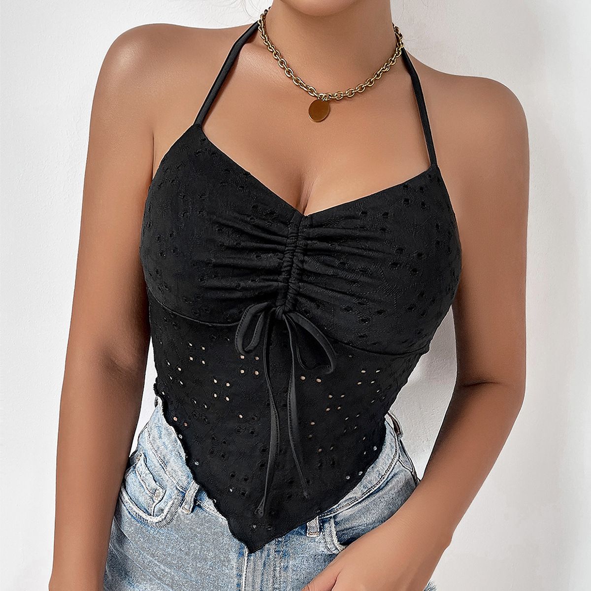 Style Hot Girl Trendy Halter Strap Vest Women's Drawstring Irregular Tank Tops