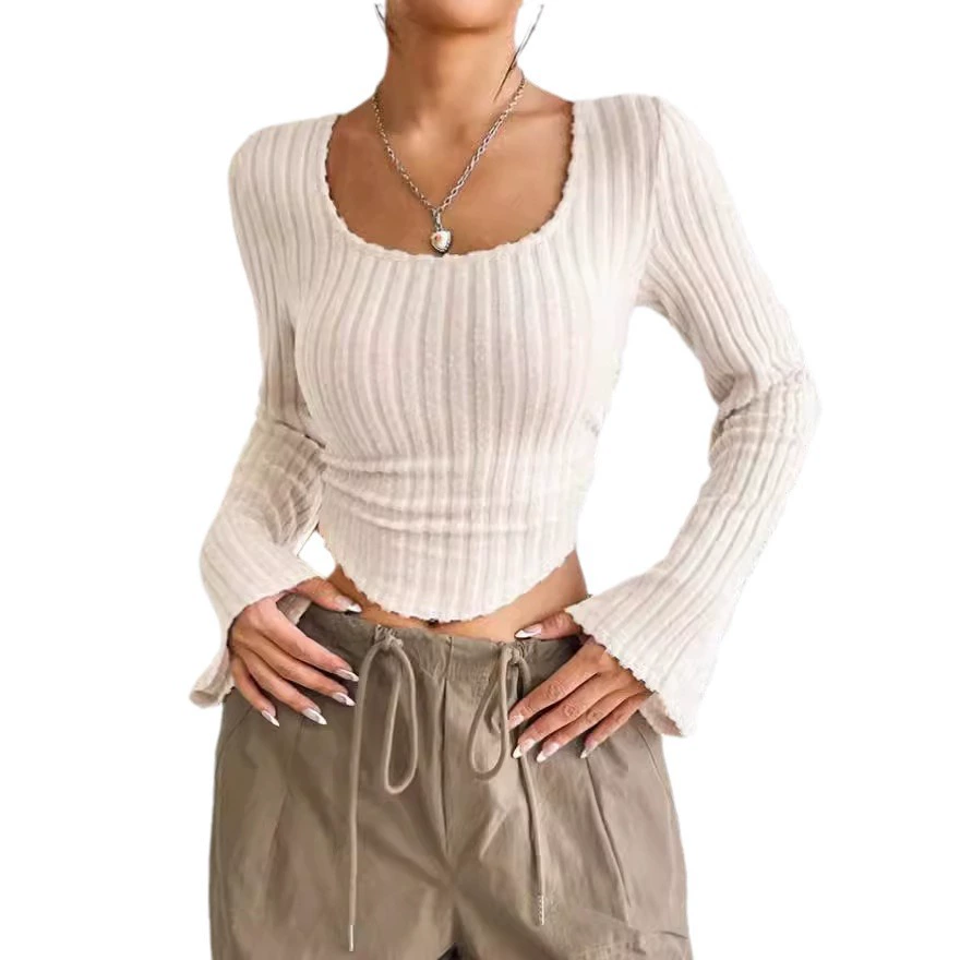 Spring New Women's Casual Square Collar Long Sleeve Pit T-shirt Temperament Commuting Autumn Female Fashion Slim Crop Top